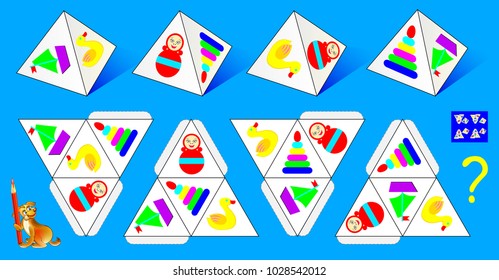 Logic puzzle game for children and adults. Which pattern corresponds to each of the pyramids? Vector image.
