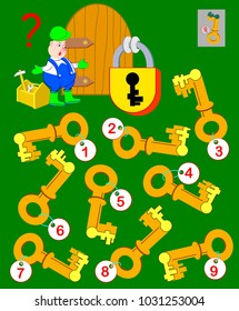 Logic Puzzle Game For Children And Adults. Help The Worker Find The Correct Key And Open The Lock. Vector Cartoon Image.