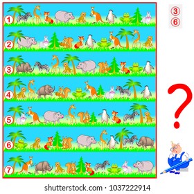 Logic puzzle game for children and adults. Need to find two lines with identical set of animals.  Vector cartoon image.