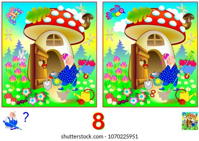 Logic puzzle game for children and adults. Need to find 8 differences. Developing skills for counting. Vector cartoon image.