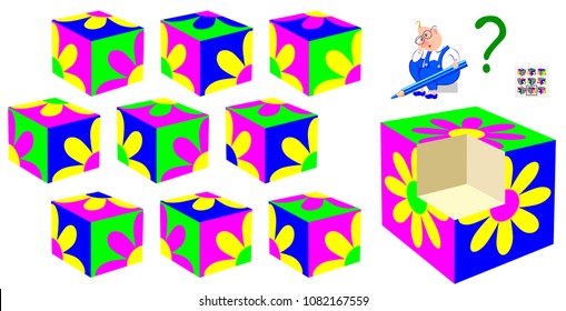 Logic puzzle game for children and adults. Find the correct part which fell out of the cube. Vector cartoon image.