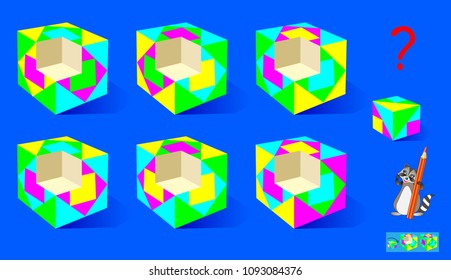 Logic puzzle game for children and adults. Find the correct cube from which fell out the detail. Vector cartoon image.