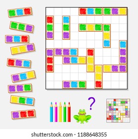 Logic puzzle game for children and adults. Need to find the places for remaining pieces and paint white squares respecting domino rules. Vector cartoon image.