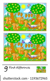 Logic puzzle game for children and adults. Need to find 9 differences. Developing skills for counting. Vector cartoon image.