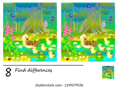 Logic puzzle game for children and adults. Need to find 8 differences. Developing skills for counting. Vector cartoon image.
