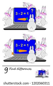 Logic puzzle game for children and adults. Need to find 9 differences. Developing skills for counting. Vector cartoon image.