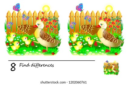 Logic puzzle game for children and adults. Need to find 8 differences. Developing skills for counting. Vector cartoon image.
