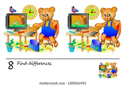 Logic puzzle game for children and adults. Need to find 8 differences. Developing skills for counting. Vector cartoon image.