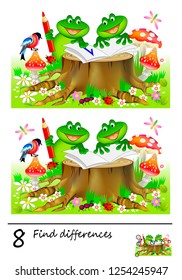 Logic puzzle game for children and adults. Need to find 8 differences. Page for baby book. Developing skills for counting. Vector cartoon image.