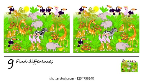 Logic puzzle game for children and adults. Need to find 9 differences. Page for baby book. Developing skills for counting. Vector cartoon image.