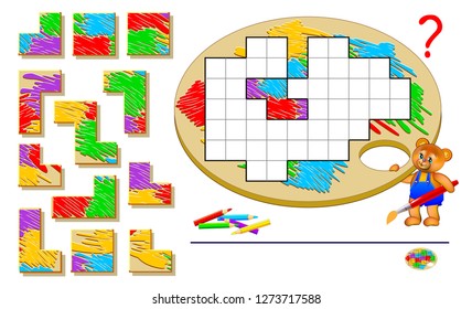 Logic puzzle game for children and adults. Need to find the places for remaining blocks and paint them correctly. Page for brainteaser book. Developing spatial thinking. Vector image.