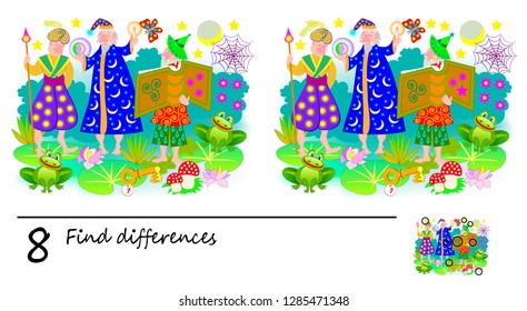 Logic puzzle game for children and adults. Need to find 8 differences. Printable page for baby book. Developing skills for counting. Vector cartoon image.