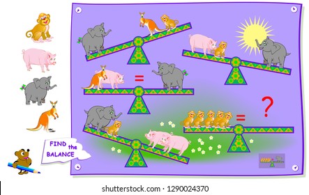 Logic puzzle game for children and adults. Find what animal need to put on swing so there is a balance? Printable page for brainteaser book. Vector cartoon image.