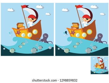 Logic puzzle game for children and adults. Need to find 10 differences. Boy pirate found treasures.