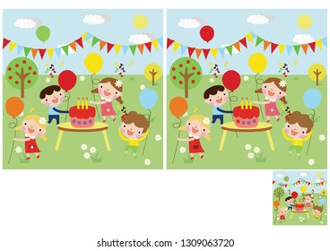Logic puzzle game for children and adults. Need to find 10 differences. children celebrate birthday in nature