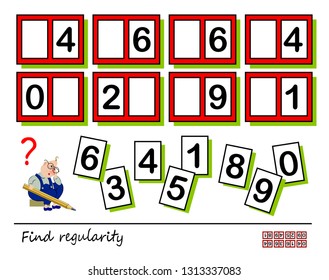 Logic puzzle game for children and adults. Need to find regularity and places for all numbers falling out of table. Printable page for brain teaser book. Developing spatial thinking. Vector image.