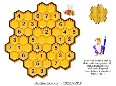 Logic puzzle game for children and adults. Solve Sudoku task so that each honeycomb cell, each horizontal row and each diagonal have different numbers from 1 to 7. Printable page for brainteaser book.