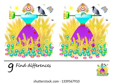 Logic puzzle game for children and adults. Need to find 9 differences. Printable page for baby brainteaser book. Cute garden scarecrow. Developing skills for counting. Vector cartoon image.