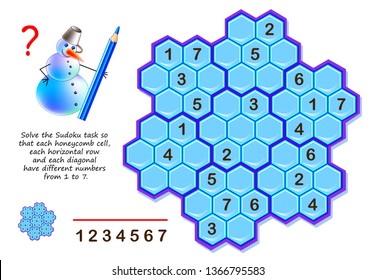 Logic puzzle game for children and adults. Solve Sudoku task so that each honeycomb cell, each horizontal row and each diagonal have different numbers from 1 to 7. Printable page for brainteaser book.