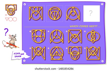 Logic puzzle game for children and adults. What sign should replace question mark? Which one comes next? Find it and draw in square. Worksheet for school textbook. Brainteaser book. IQ training test.