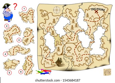 Logic puzzle game for children and adults. Help the pirate restore old map and find treasure. Find the correct place for each piece of paper and draw them. Printable page for kids brain teaser book.