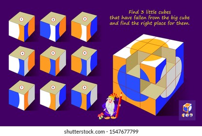 Logic puzzle game for children and adults. Find 3 little cubes that have fallen from big cube and find the right place. Printable page for kids brain teaser book. Developing spatial thinking skills.