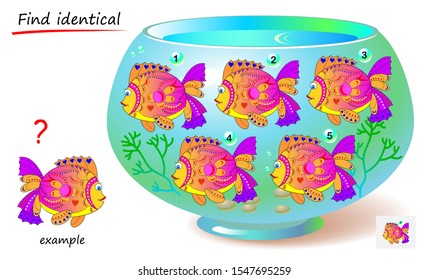 Logic puzzle game for children and adults. Find reflection of fish identical the example. Printable page for kids brain teaser book. Developing spatial thinking skills. IQ test. Vector cartoon image.