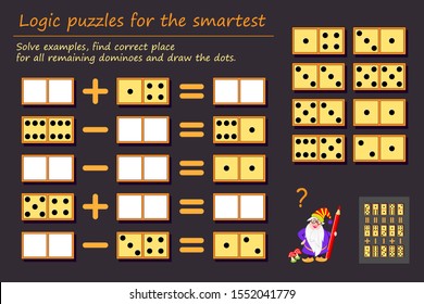 Logic puzzle game for children and adults. Solve examples, find correct place for all remaining dominoes and draw the dots. Printable page for kids brain teaser book. Developing math skills. IQ test.