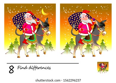 Logic puzzle game for children and adults. Find 8 differences. Printable page for kids textbook. Santa Claus with Christmas gifts riding on donkey. Developing counting skills. IQ test.