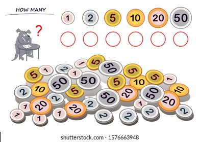 Logic puzzle game for children and adults. Help the dog count quantity of each coin and write numbers in circles. Kids math education. Developing counting skills. Printable worksheet for textbook.