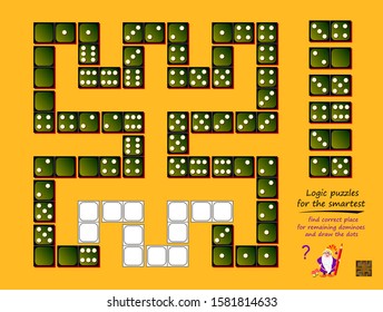 Logic puzzle game for children and adults. Find correct place for remaining dominoes and draw dots. Printable page for kids brain teaser book. Developing math, counting and spatial thinking skills.