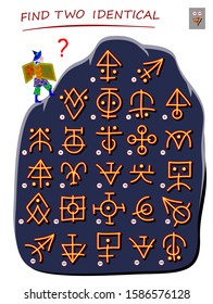 Logic puzzle game for children and adults. Help the wizard find 2 identical ancient magic signs. Printable page for kids brain teaser book. Developing spatial thinking skills. IQ test. Vector image.