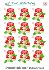 Logic puzzle game for children and adults. Need to find two identical mushrooms. Printable page for kids brain teaser book. Developing spatial thinking skills. IQ test. Vector cartoon image.