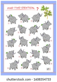 Logic puzzle game for children and adults. Need to find two identical elephants. Printable page for kids brain teaser book. Developing spatial thinking skills. IQ training test. Vector cartoon image.