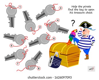 Logic puzzle game for children and adults. Help the pirate find the key to open his treasure chest. Printable page for kids brain teaser book. Developing spatial thinking. Vector cartoon image.