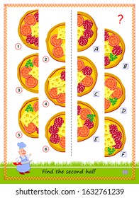 Logic puzzle game for children and adults. Need to find second half of each pizza. Educational page for kids. IQ training test. Developing spatial thinking skills. Flat vector cartoon image.