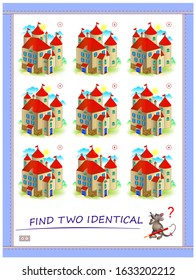 Logic puzzle game for children and adults. Find two identical castles. Printable page for kids brain teaser book. Developing spatial thinking skills. IQ training test. Flat vector cartoon image.