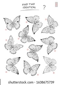 Logic puzzle game for children and adults. Find two identical butterflies. Printable page for kids brain teaser book. Developing spatial thinking skills. IQ test. Hand-drawn vector cartoon image.