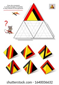 Logic puzzle game for children and adults. Draw the ornaments in empty triangles of template so they matches all the pyramids. Printable page for brain teaser book. Developing spatial thinking skills.