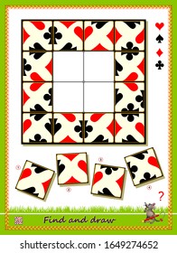 Logic puzzle game for children and adults. Find and draw in correct places each part of playing card. Printable page for brain teaser book. Developing kids spatial thinking. Flat vector cartoon image.