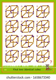 Logic puzzle game for children and adults. Find two identical cubes from matches. Printable page for kids brain teaser book. Developing spatial thinking skills. IQ training test. Vector cartoon image