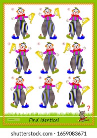 Logic puzzle game for children and adults. Find two identical clowns. Printable page for kids brain teaser book. Developing spatial thinking skills. IQ training test. Flat vector cartoon image.