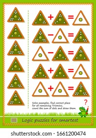 Logic puzzle game for children and adults. Solve examples, find correct place for all remaining Triomino, count the sum of dots and draw them. Page for kids brain teaser book. Developing math skills.