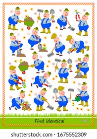 Logic puzzle game for children and adults. Need to find two identical gardeners. Printable page for kids brain teaser book. Developing spatial thinking skills. IQ test. Flat vector cartoon image.