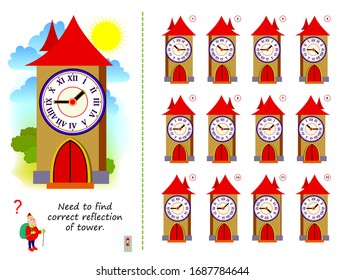 Logic puzzle game for children and adults. Need to find correct reflection of tower. Printable page for brain teaser book. Developing kids spatial thinking. Vector cartoon image.