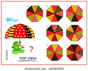 Logic puzzle game for children and adults. Need to find correct top view of umbrella. Printable page for brain teaser book. Developing spatial thinking skills. IQ training test. Vector cartoon image.