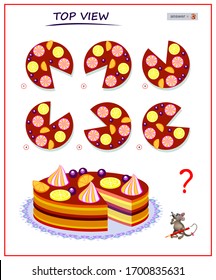 Logic Puzzle Game For Children And Adults. Need To Find Correct Top View Of Cake. Printable Page For Brain Teaser Book. Developing Spatial Thinking Skills. IQ Training Test. Vector Cartoon Image.