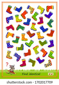 Logic puzzle game for children and adults. Find two identical boots. Printable page for kids brain teaser book. Developing spatial thinking skills. IQ training test. Flat vector cartoon image.