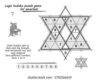 Logic puzzle game for children and adults. Solve Sudoku so that each big triangle, each horizontal row and each diagonal have different numbers from 1 to 9. Brain teaser book. Black and white vector.