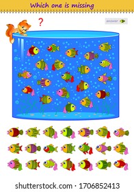 Logic puzzle game for children and adults. Which one of the fishes is missing in aquarium? Printable page for kids brain teaser book. Developing spatial thinking skills. IQ test. Flat cartoon vector.